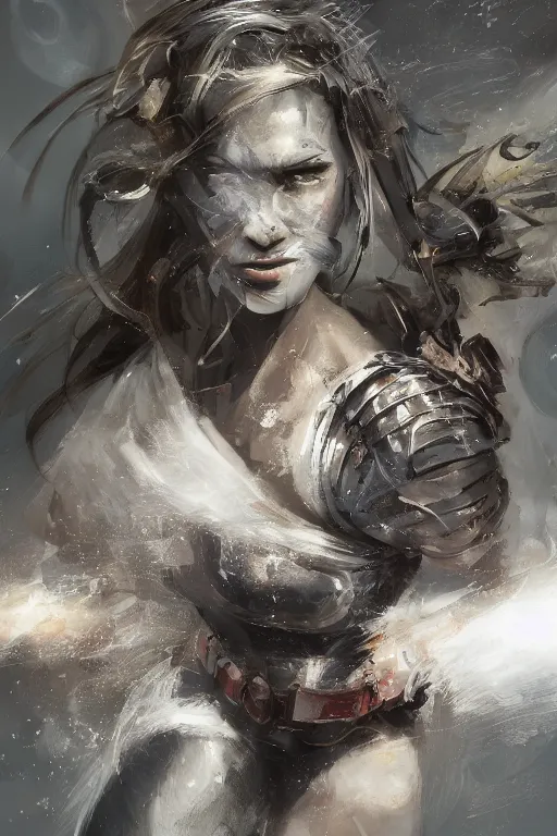 Image similar to a photorealistic painting of an attractive young girl, partially clothed in battle armor, olive skin, long dark hair, beautiful bone structure, symmetrical face, perfect eyes, intricate, elegant, digital painting, concept art, illustration, sharp focus, minimal artifacts, from Metal Gear, in the style of Ruan Jia and Mandy Jurgens, by Greg Rutkowski, trending on Artstation, award winning