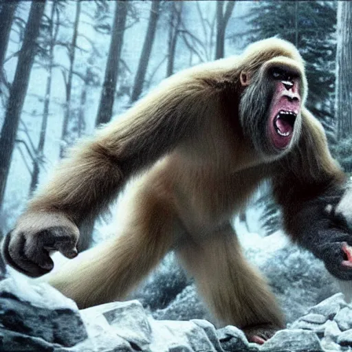 Image similar to a high detailed realistic photo of a yeti and sasquatch battling king kong