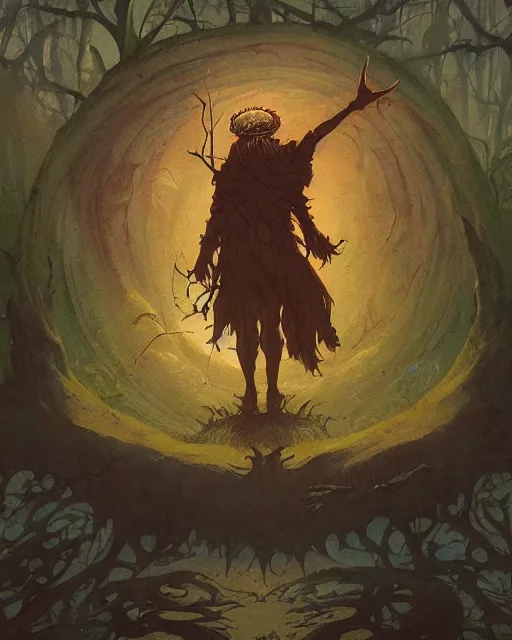 Prompt: a druid standing in a circle at the beginning of the world by greg rutkowski and frank frazetta and peter mohrbacher and william blake and dan mumford