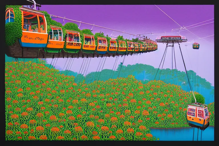 Image similar to surreal glimpse into other universe, langkawi cable car, summer morning, very coherent and colorful high contrast, art by!!!! gediminas pranckevicius!!!!, geof darrow, floralpunk screen printing woodblock, dark shadows, hard lighting, stipple brush technique,