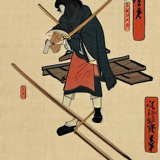 Image similar to Edo period Japan Ronin cleaning his sword in the style of an ancient painting