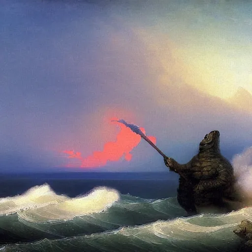 Image similar to godzilla on the coast painting by aivazovsky