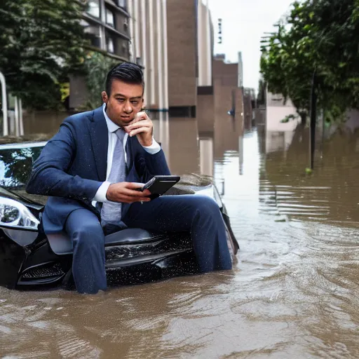 Prompt: A photo of a man in suit sitting on the top of a car in a flooded street, looking at his phone
