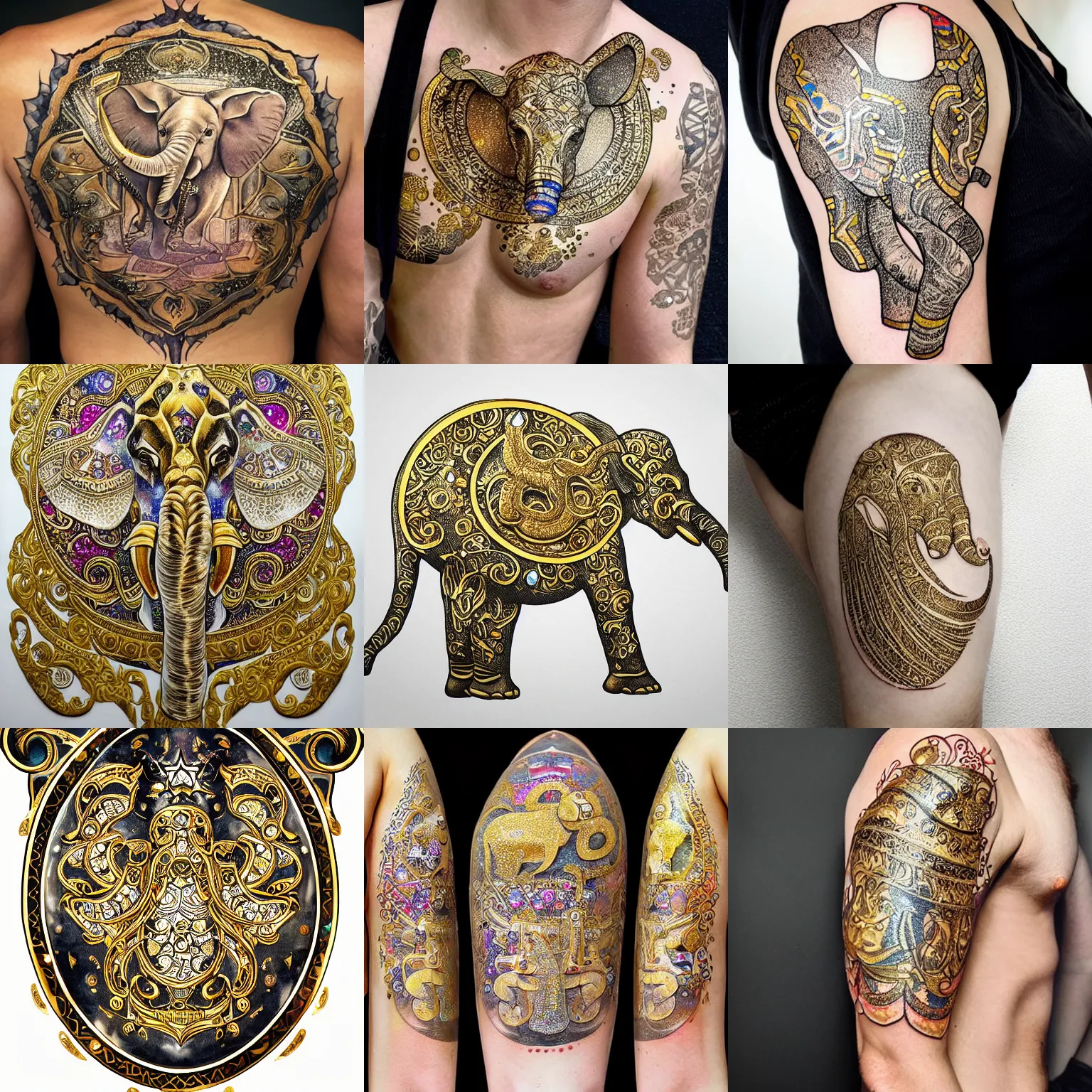 Prompt: white elephant covered entirely with fine detailed gold leaf prismatic tattoos with realistic shadows and glowing precious gems