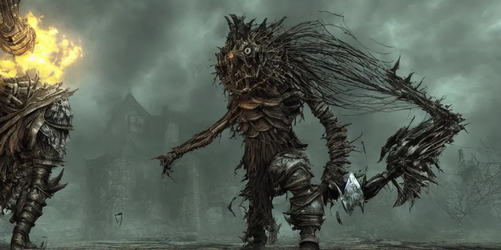 Image similar to minion as a darksouls boss, horror, hd, screenshot,