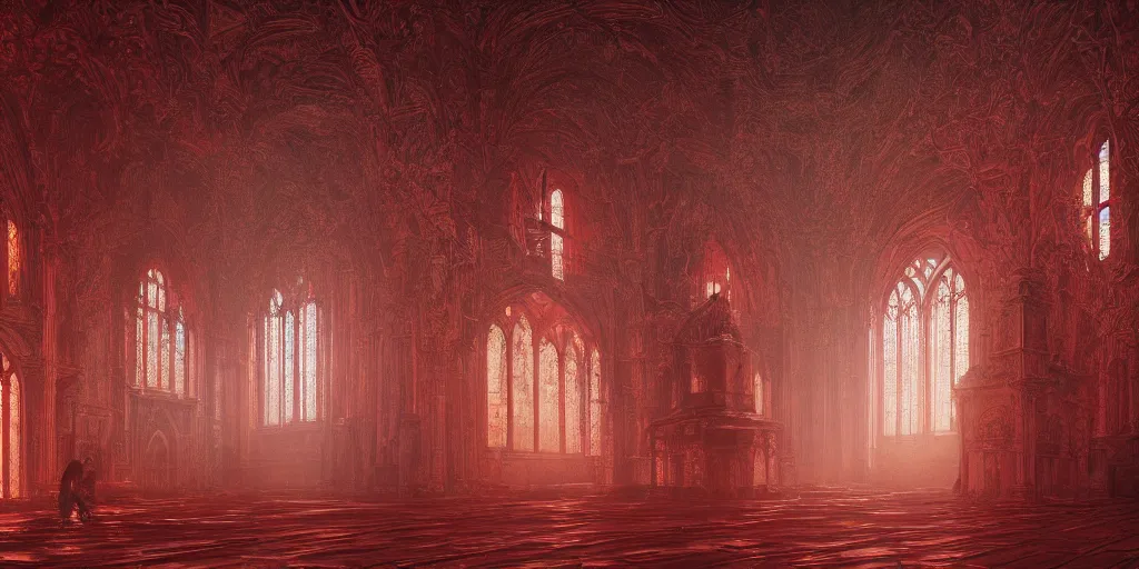 Image similar to a hyper intricate oil portrait red church interior, excellent composition, wide shot, by zdzislaw beksinski, intricate, horror atmosphere, unreal engine 5 highly rendered, global illumination