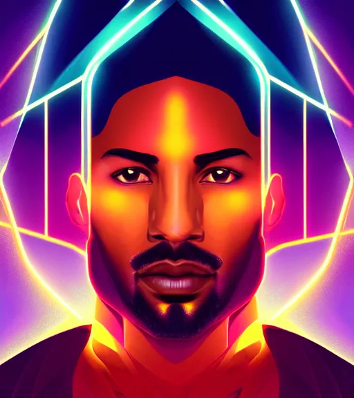 Image similar to symmetry!! egyptian king of technology, solid cube of light, hard edges, product render retro - futuristic poster scifi, lasers and neon circuits, brown skin handsome egyptian king, intricate, elegant, highly detailed, digital painting, artstation, concept art, smooth, sharp focus, illustration, dreamlike, art by artgerm