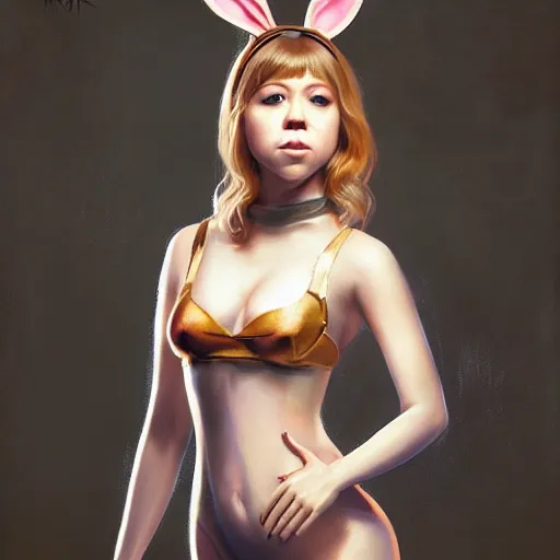 Image similar to detailed painting of jennette mccurdy wearing a playboy bunny outfit, 8 k, by greg rutkowski, artgerm, global illumination