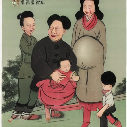 Prompt: A man, a pregnant woman and two kid, in style of Chinese Propaganda