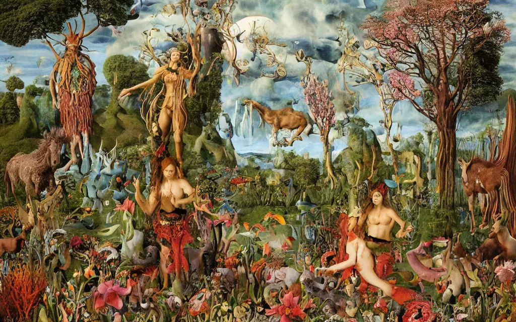 Image similar to photograph of a meditating centaur shaman and a mermaid feeding animals. surrounded by bulbous flowers, animals and a few trees. river delta with dry rocky mountains under a blue sky full of burning stars. painted by jan van eyck, max ernst, ernst haeckel, ernst fuchs and artgerm. trending on artstation, treding on cgsociety