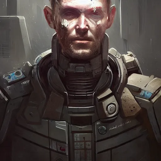 Image similar to portrait of gunner wright by greg rutkowski as a isaac clarke from dead space