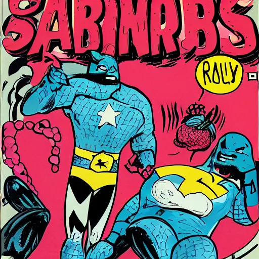 Image similar to comic book cover for the Central Pork Superheroes, pigs, berries, diamonds