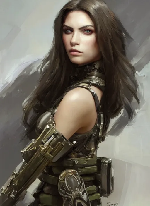 Image similar to a professional painting of a beautiful young female, clothed in military armor, olive skin, long dark hair, beautiful bone structure, symmetrical facial features, intricate, elegant, digital painting, concept art, smooth, sharp focus, illustration, from Metal Gear, by Ruan Jia and Mandy Jurgens and Artgerm and William-Adolphe Bouguerea