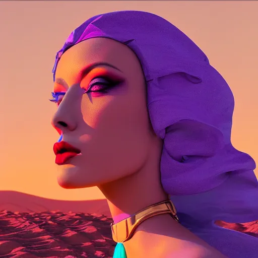 Image similar to avant-garde art, deco fashion, purple and sky blue theme, highly detailed, photorealistic portrait, hyper realistic serene desert setting, golden hour, crisp quality and light reflections, unreal engine 5 quality render