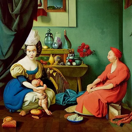 Prompt: A beautiful painting harmony of colors, simple but powerful composition. A scene of peaceful domesticity, with a mother and child in the center, surrounded by a few simple objects. Colors are muted and calming, serenity and calm. expressionism, cyber noir by Jan van Kessel the Elder, by Joe Jusko, by Giuseppe Arcimboldo