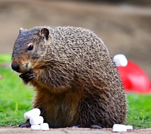 Image similar to a groundhog eating a marshmallows