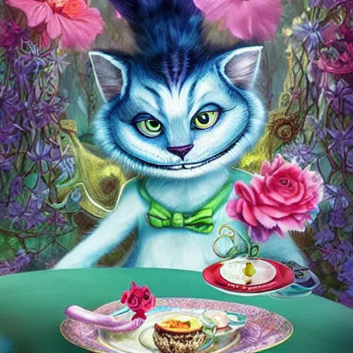 Prompt: the cheshire cat from alice in wonderland having a tea party by anna dittmann, highly detailed, bright tones