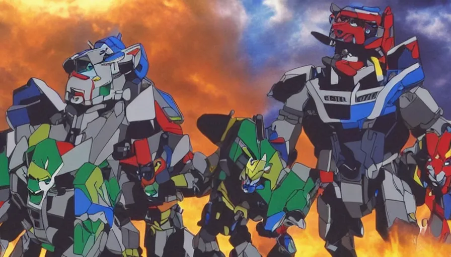 Image similar to full - color cinematic movie still from a live - action voltron action film directed by michael bay. the scene features the robotic lions from voltron fighting against an ugly kaiju monster. photorealistic rendering ; highly - detailed ; epic.