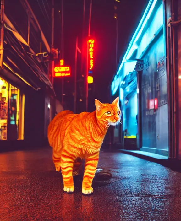 Image similar to an orange tabby cat roaming the streets of a cyberpunk city populated by humanoid robots. wet floors with neon sign store fronts at night. professional night photography