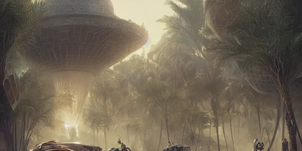 Prompt: Futuristic Marrakech, palm trees, Flying Taxi ,Moroccan mosque ,WLOP, James Jean, tom bagshaw, rococo, trending on artstation, fantasy, intricate, elegant, highly detailed, digital painting, concept art, smooth, illustration, cinematic lighting, hyper realism, octane render, 8k, hyper detailed.