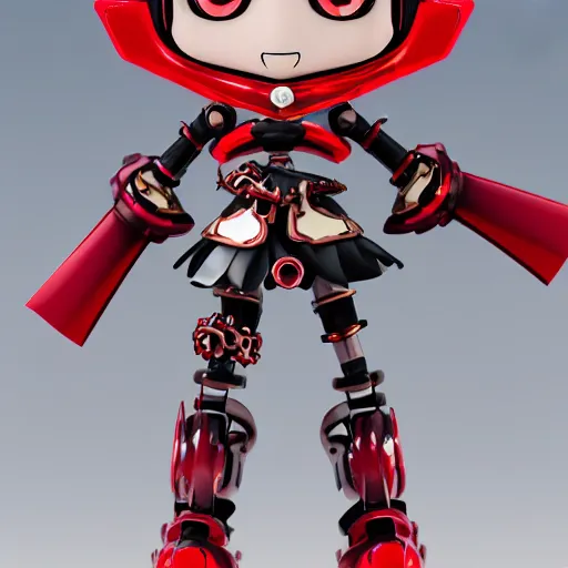 Image similar to cute chibi pvc figure of a robot girl, steampunk knight armor, red and black, energetic, anime, vray