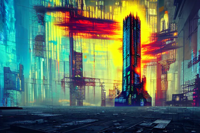 Prompt: cyberpunk tower, multilayer glitch effect in spatial perceptron synapses, matte painting, 4 k, epic composition, volumetric light, abstract illusionism, by robert rauschenberg, konstantinas ciurlionis, jean - michel basquiat, pour paint, modern street art, grunge wall, industrial