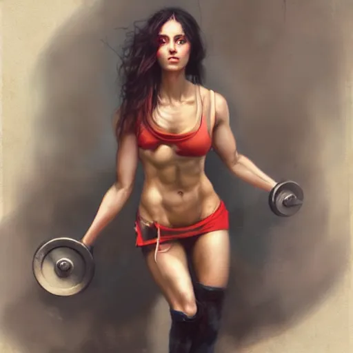 Prompt: painting of a very beautiful girl with muscles lifting weights, by tom bagshaw, greg rutkowski, wlop