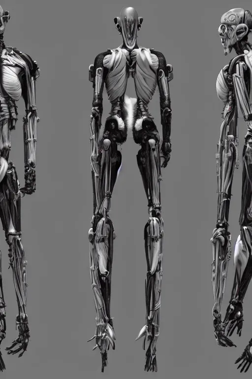 Image similar to very symmetrical!! cyborg space primate with gunmetal grey skin, medical muscle anatomy, cyberpunk face, highly detailed, japanese, mecha asthetic, mechanical implants, three - view reference sheet ( front / back / side ), in the style of dan ouellette, dren from splice, hr giger, sil from species, artstation, unreal engine