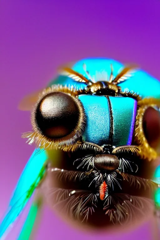 Prompt: high quality macro close-up metallic tachinid fly! gorgeous highly detailed hannah yata elson peter cinematic turquoise lighting high quality low angle hd 8k sharp shallow depth of field