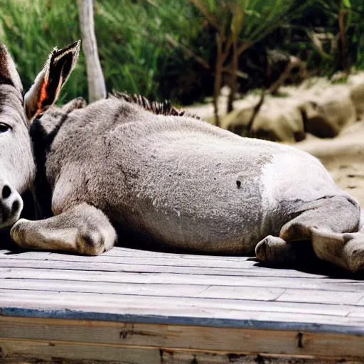 Image similar to A donkey lying on a sunbed near the beach, photorealistic