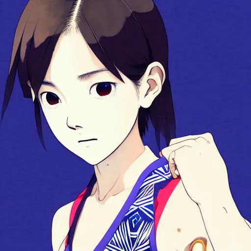 Image similar to a beautiful boyish japanese emma watson alluring instagram model, wearing elegant japanese hiphop leotard outfit with subtle mayan patterns and native fashion, aztec street fashion bathing suit, jrpg fashion, gapmoe yandere grimdark, trending on pixiv fanbox, painted by greg rutkowski makoto shinkai takashi takeuchi studio ghibli, akihiko yoshida