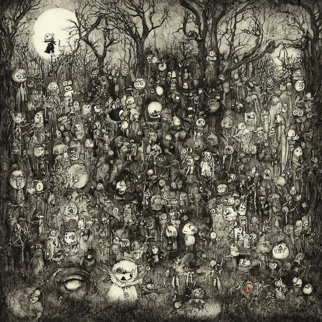 Prompt: a halloween scene by alexander jansson and maurice sendak