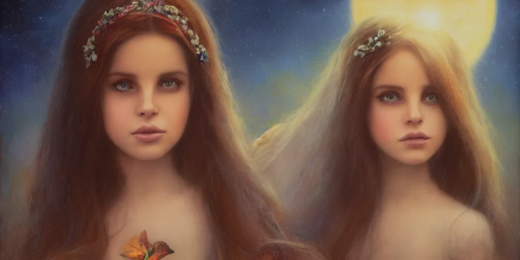 Image similar to big-eyed Lana Del Rey staring into the camera, sundown misty firefly wisps, Lilia Alvarado, Sophie Anderson, Mark Arian, Bob Byerley, Charlie Bowater, Mark Brooks, Steve Henderson, Justin Gerard, Arthur Hughes, Edward Robert Hughes, Mark Keathley, Victor Nizovtsev, Carlos Shwabe, Ross Tran, WLOP