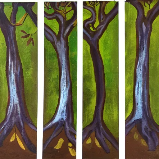 Prompt: a three panel painting with the stages of a tree's growth