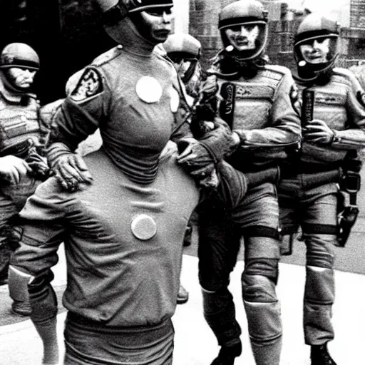 Image similar to extraterrestrial zeta reticulan grey alien, being arrested by spetsnaz