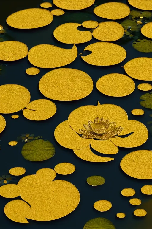 Image similar to lilyPads with Lotus flowers in the golden hour, paper cut art, close up, DOF, 8k, artstation,