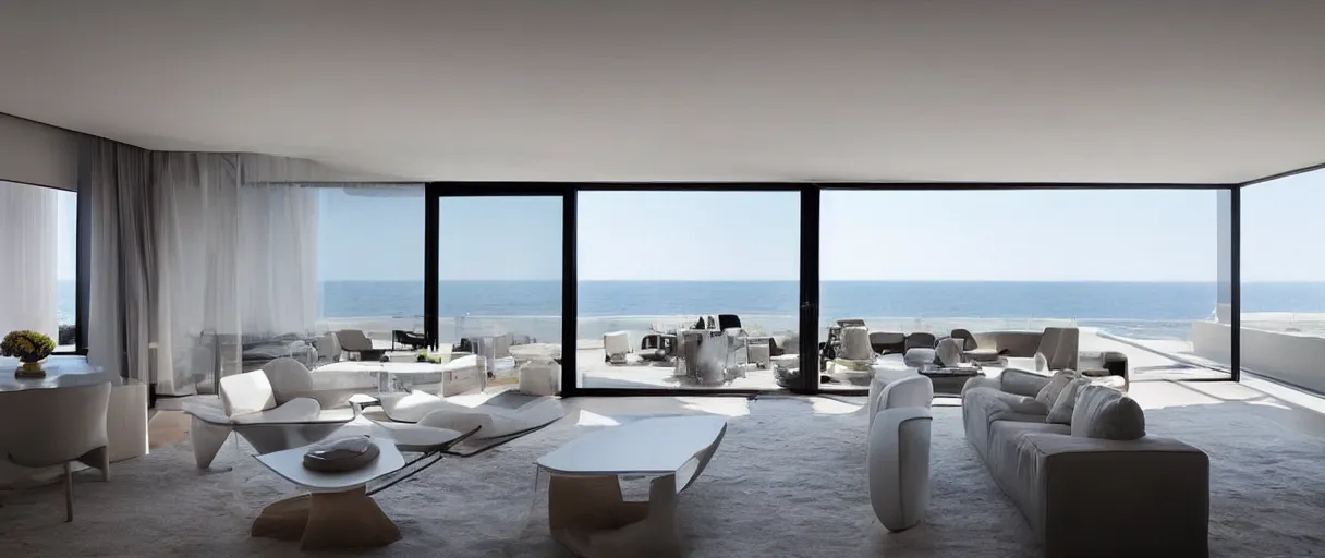 Prompt: “Modern duplex apartment interior with big windows exceptional view from a Clift to the sea minimalistic award design with innovative furniture”