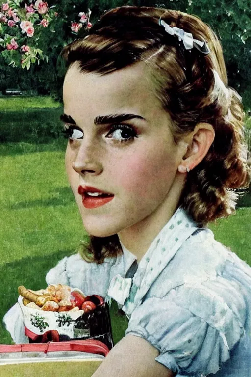 Prompt: photo photorealistic portrait photograph Emma Watson picnic in the green lawn 1950s portrait by Norman Rockwell