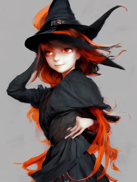 Image similar to Full shot of a cute mischievous young witch about to get up to some trouble. Black and Orange palette. By Ruan Jia and Artgerm and Range Murata and WLOP and CLAMP. Key Art. Fantasy Illustration. award winning, Artstation, intricate details, realistic, Hyperdetailed, 8k resolution.