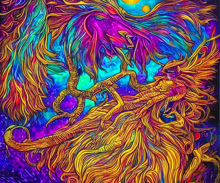 Image similar to the wildest dream, vivid colors, golden hour, psychedelic art, magical creatures, highly detailed, sharp lines