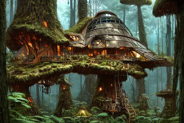 Prompt: lichenpunk treehouse village on endor, hyper detailed, by alejandro burdisio,