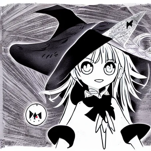 Prompt: young witch, illustrated by mato and ken sugimori, manga, black and white illustration