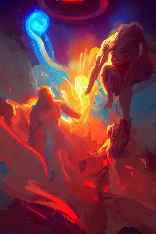 Image similar to the god prometheus handing a man a computer on fire, the fire is made of binary code, digital painting bioluminance alena aenami artworks in 4 k design by lois van baarle by sung choi by john kirby artgerm style pascal blanche and magali villeneuve