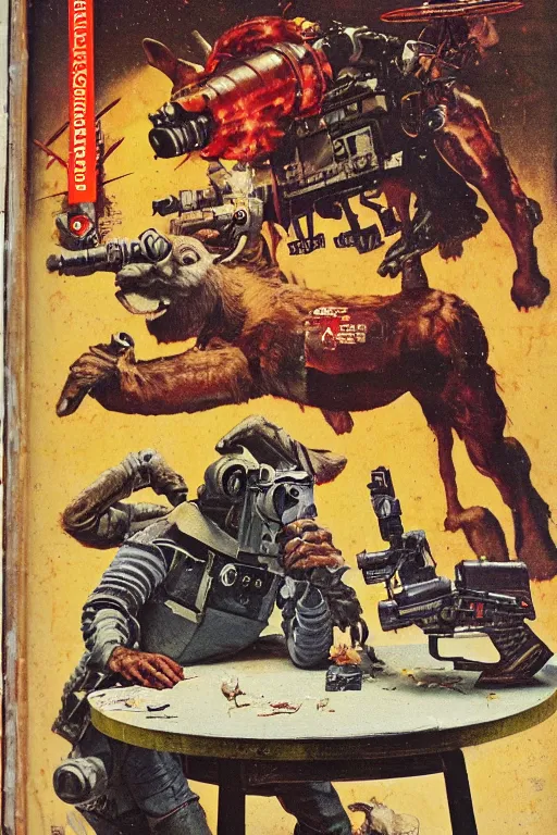 Prompt: photo of poor condition, torn, stained, vintage pulp scifi science fiction magazine cover entitled space donkey on a table top, showing a man in hero outfit and cape shooting laser beams from a retro ray gun at a donkey monster in an alien city, illustrated by norman rockwell and earle bergey andeverett raymond kinstler, 4 k, high definition