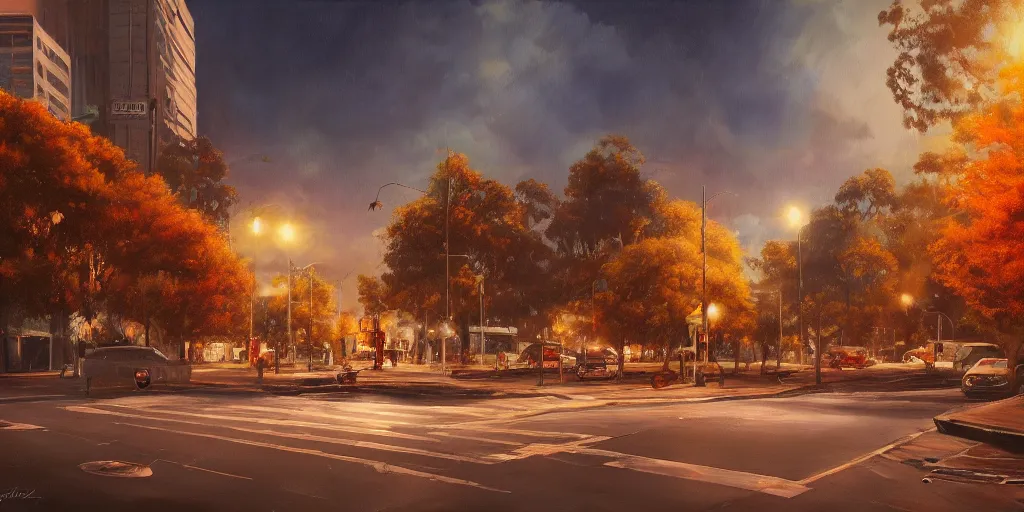 Image similar to A beautiful painting of Australian city autumn night, hyperrealistic, artstation, detailed, cinematic lighting, concept art, photorealistic