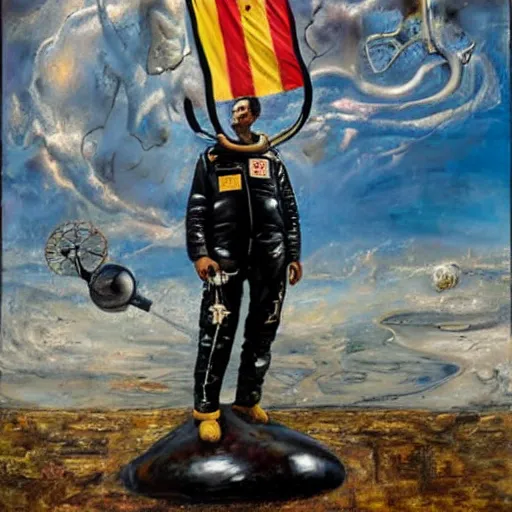 Image similar to by tim okamura improvisational salvador dali. a beautiful installation art of astronaut standing on a planet with a flag in the background.