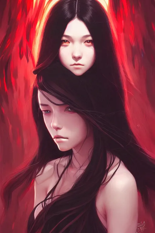 Image similar to a beautiful girl with long black hair and red eyes, fantasy, sharp focus, intricate, digital painting, artstation, highly detailed, ambient lighting, portrait by Studio Ghibli, Rossdraws, artgerm, Ilya Kuvshinov, and Greg Rutkowski