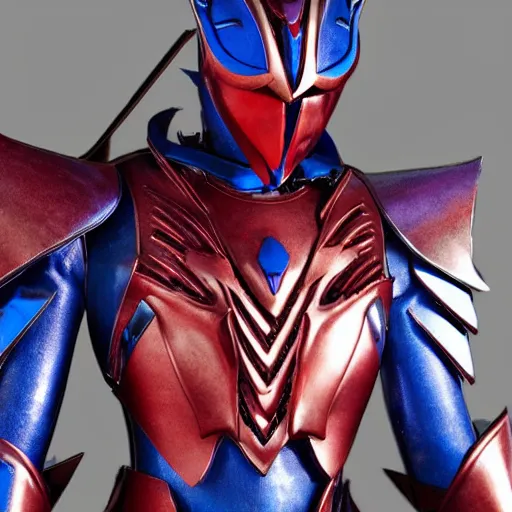 Prompt: High Fantasy Kamen Rider, blue armor with red secondary color, 4k, glowing eyes, daytime, rubber suit, dragon inspired armor, Guyver Dark Hero armor