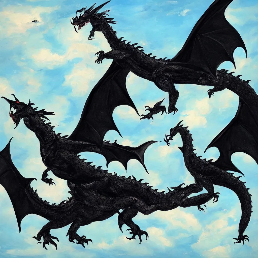 Image similar to “a painting of a large black dragon flying through the sky”