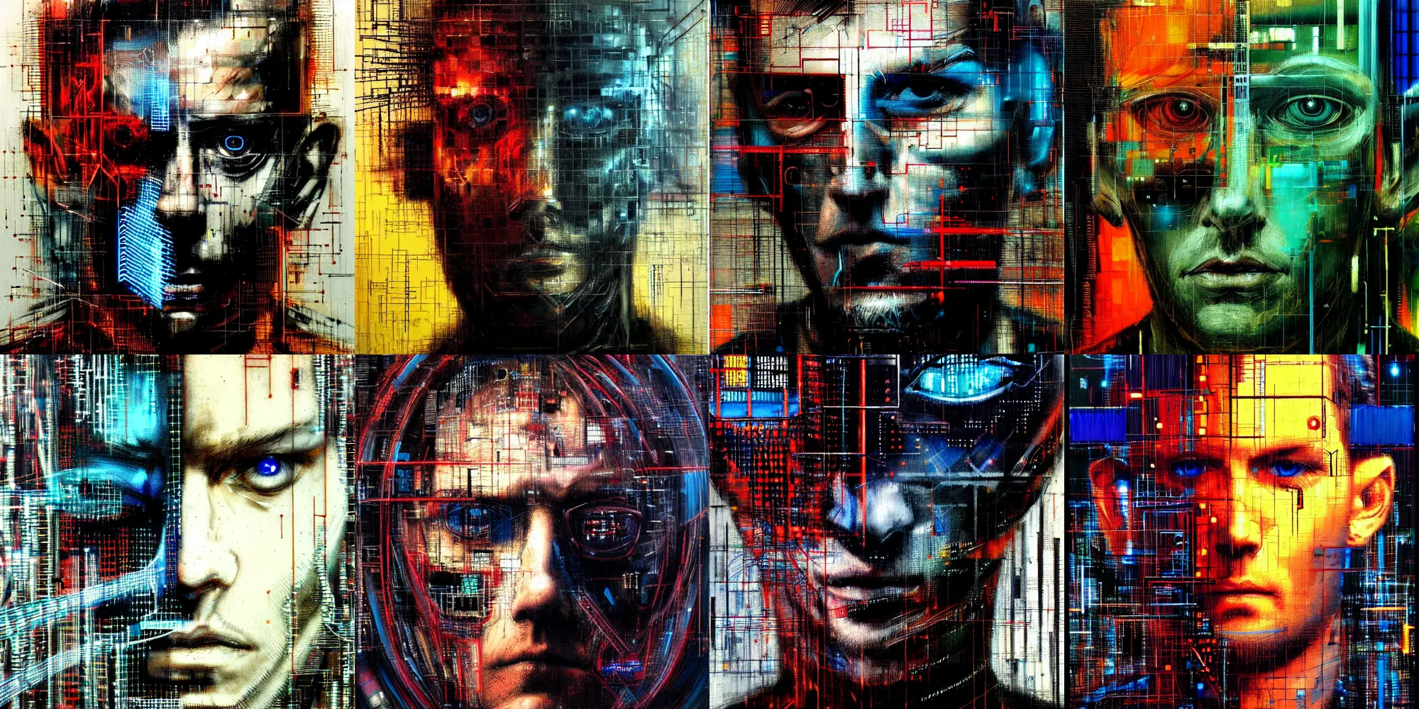 Prompt: hyperrealistic portrait of a cyberpunk man in cyberspace, by Guy Denning, Johannes Itten, Russ Mills, hacking effects, detailed lines, cybernetic connections, cables, computatoin, technological, color blocking!, acrylic on canvas, insane detail, intricate, front view, symmetrical, octane, concept art, abstract, artistic, 8k, cinematic, trending on artstation